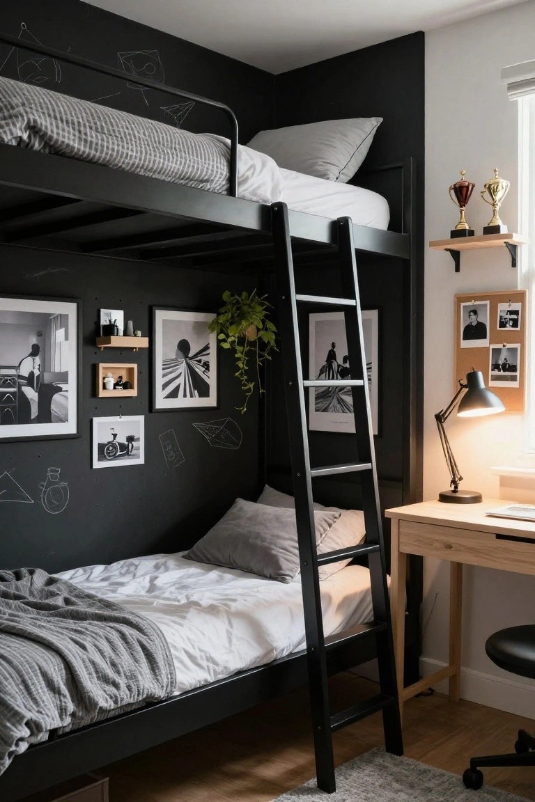 A small bedroom with black metal bunk beds against a black chalkboard-painted wall, black and white framed photos, shelves with trophies, a wooden desk with lamp, and gray bedding.