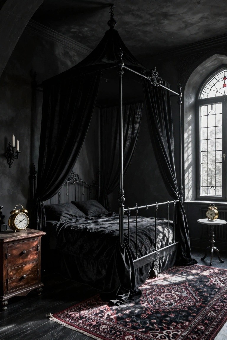 A gothic bedroom with a black wrought-iron canopy bed draped in sheer black fabric, black bedding, wooden nightstands holding gold alarm clocks, wall-mounted candle sconces, and an arched window with stained glass accents.