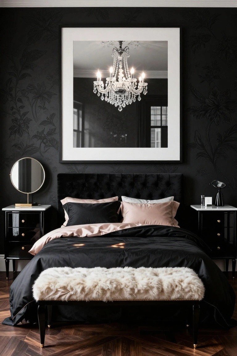 A black bedroom with dark floral patterned wallpaper on the walls, a large white-framed photograph of a chandelier, tufted black velvet bed with black and pink bedding, black nightstands with white tops, a round mirror, and a white faux fur bench at the foot of the bed on herringbone wood floors.