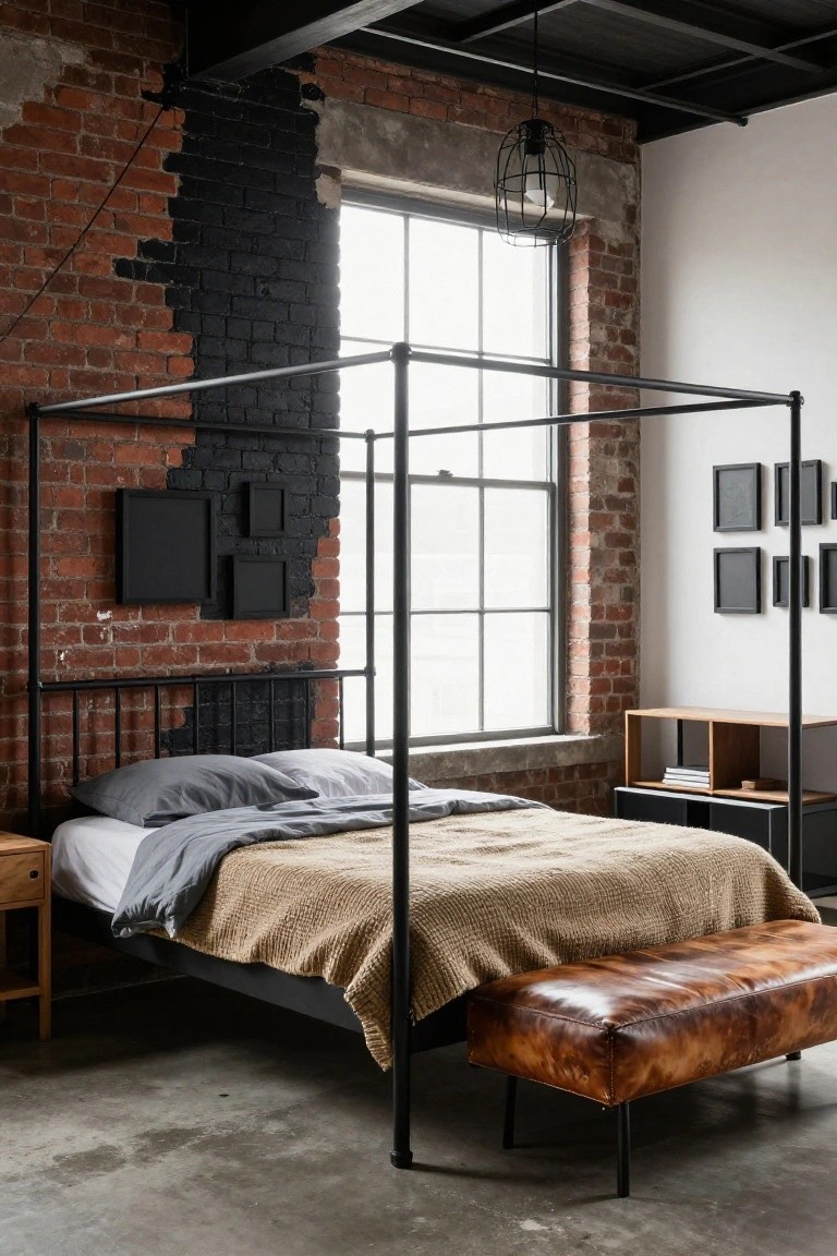 Bedroom with black metal canopy bed frame against exposed brick wall partially painted black, gray and beige bedding, wooden nightstand and bench, shelves, and large window in industrial-style room with concrete floor.