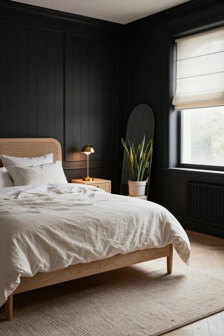 Bedroom interior with black vertical paneled walls, light oak bed frame with white rumpled linens and rattan headboard, gold bedside lamp on wooden nightstand, tall snake plant in white pot next to arched black mirror, beige roller blinds on window, and light oak flooring with beige rug.