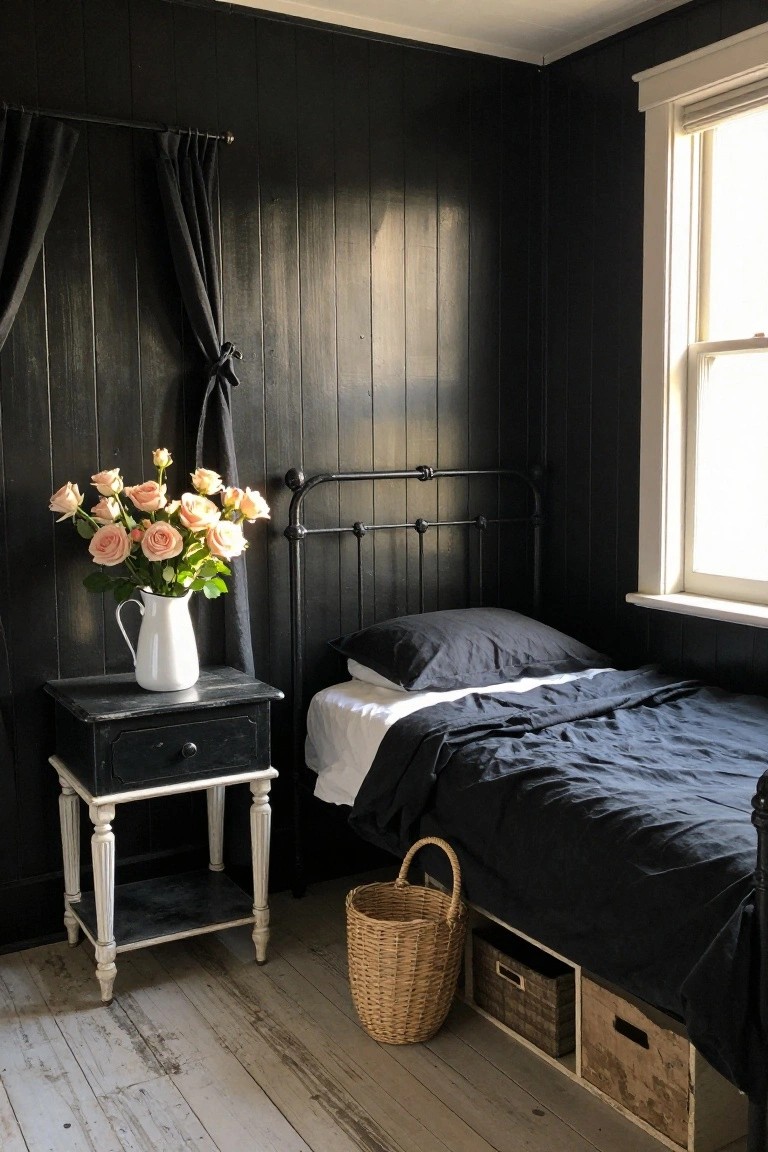 Corner view of a small bedroom with black vertical shiplap-paneled walls, black iron bed frame with navy sheets and white duvet, white jug holding pink roses on black nightstand, wicker basket, under-bed wooden storage crates, beside a window on whitewashed wood floor.