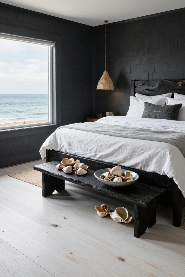 Bedroom featuring black vertical shiplap walls, a large window with ocean view, dark wood bed frame with white linens, rattan pendant light, and seashells in a bowl on a black bench.