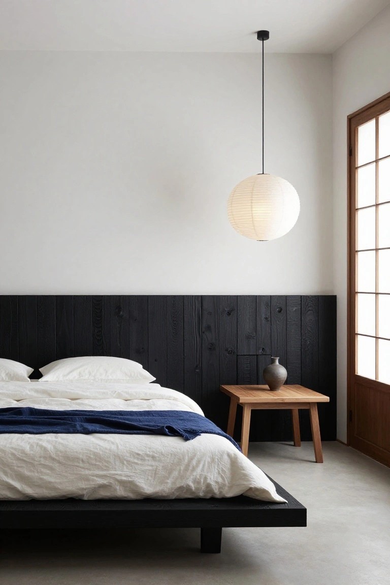 A minimalist bedroom with a low black platform bed against a tall black wood paneled wall, white linen bedding with a navy throw, a wooden side table holding a gray vase, and a hanging white paper lantern next to shoji doors.