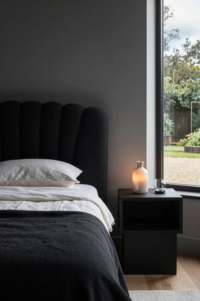 Bedroom with black scalloped upholstered headboard, bed dressed in white linens and black throw, black bedside table with lit ceramic lamp and glass, large window overlooking garden and gravel path.