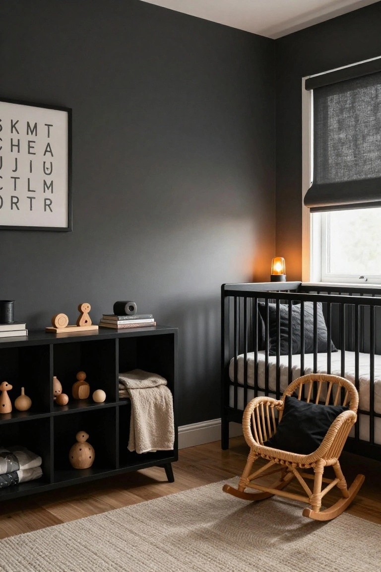 Nursery room with charcoal gray walls, black metal crib with white mattress and gray pillows, black cube shelving unit holding wooden toys and books, black mug and vase on shelf, rattan rocking chair with black pillow on beige rug, and window with gray roller blind.