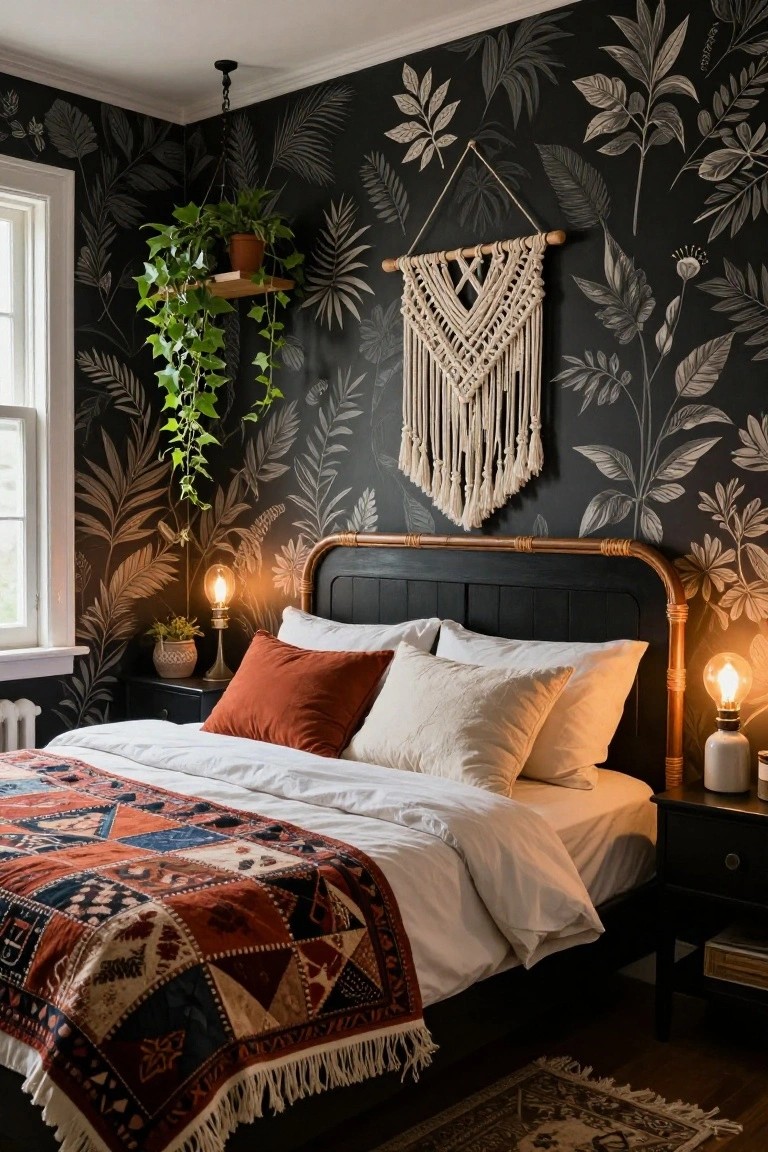 Bedroom interior with black wallpaper featuring white leaf and fern motifs, hanging ivy plant, white macrame wall hanging, black metal bed frame with brass pipes, orange terracotta quilt and white pillows, brass Edison bulb lamps on nightstands, and patterned rug on wood floor.