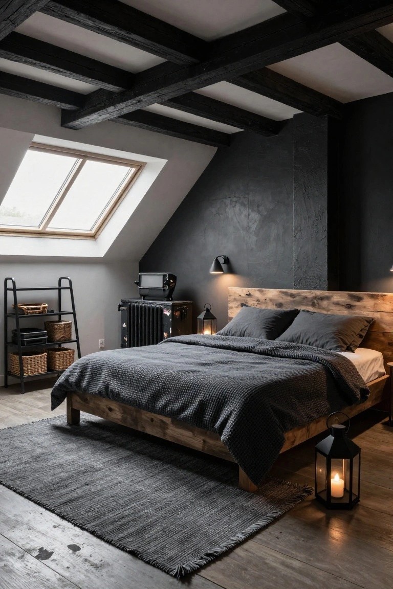 Attic bedroom with black exposed ceiling beams, dark gray textured walls, wooden platform bed with gray linens and pillows, black metal shelving unit, vintage radiator, wall sconces, and lantern lights on a wooden floor with gray rug.