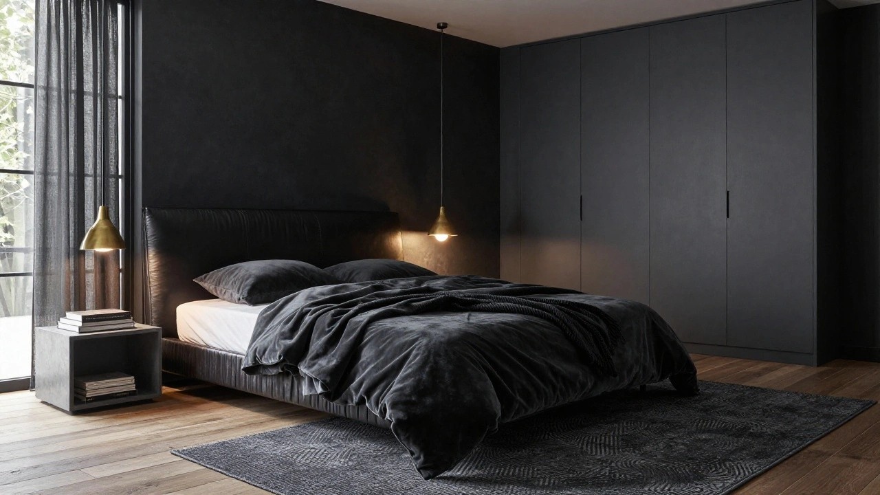 Black leather platform bed with rumpled black velvet bedding and pillows in a bedroom with dark textured walls, sheer curtains on a window, gold bedside lamp, books on nightstand, black rug, and light wood floors.