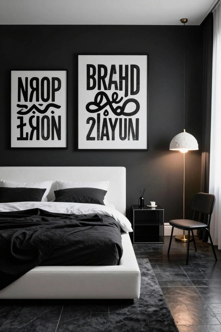 Bedroom with dark gray walls, two large white-framed posters featuring stylized black text and wave graphics, low white platform bed with black duvet and pillows, black side table with vase and cup, leather chair, brass floor lamp, and dark rug on tiled floor.
