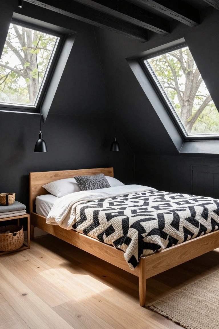 Attic bedroom with black walls and sloped ceilings, oak wood bed frame with white sheets and black-and-white geometric quilt, two black pendant lights hanging from beams, skylights showing trees outside, nightstand with wicker baskets and folded towels, seagrass rug, and light oak floors.