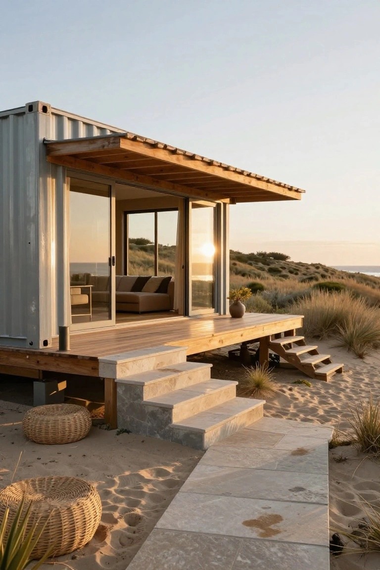 Shipping container home on an elevated wooden deck with stairs and stone path leading to sandy beach dunes, large sliding glass doors open to interior couch and sunset view.
