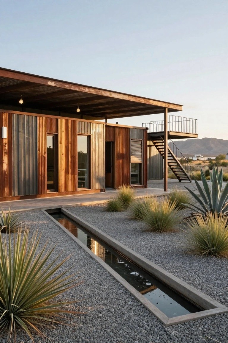 Exterior view of a shipping container home with corrugated metal siding mixed with vertical wood panels, a covered porch with hanging lights, metal staircase to an upper deck, gravel yard planted with agave, and a linear concrete water channel.