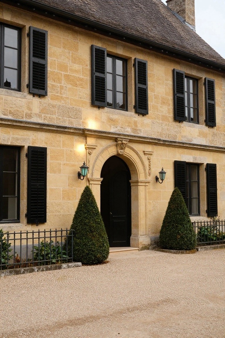 Front exterior of a two-story beige limestone house with black wooden shutters on multi-pane windows, arched black front door flanked by lanterns and topiary evergreens, black iron fence, and gravel driveway.