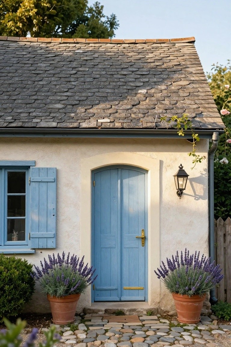 Small stucco cottage exterior with slate tile roof, arched blue front door with gold handle, blue shutters on adjacent window, cream arched trim, wall-mounted lantern, terracotta pots of lavender flanking the door, and pebble stone path.