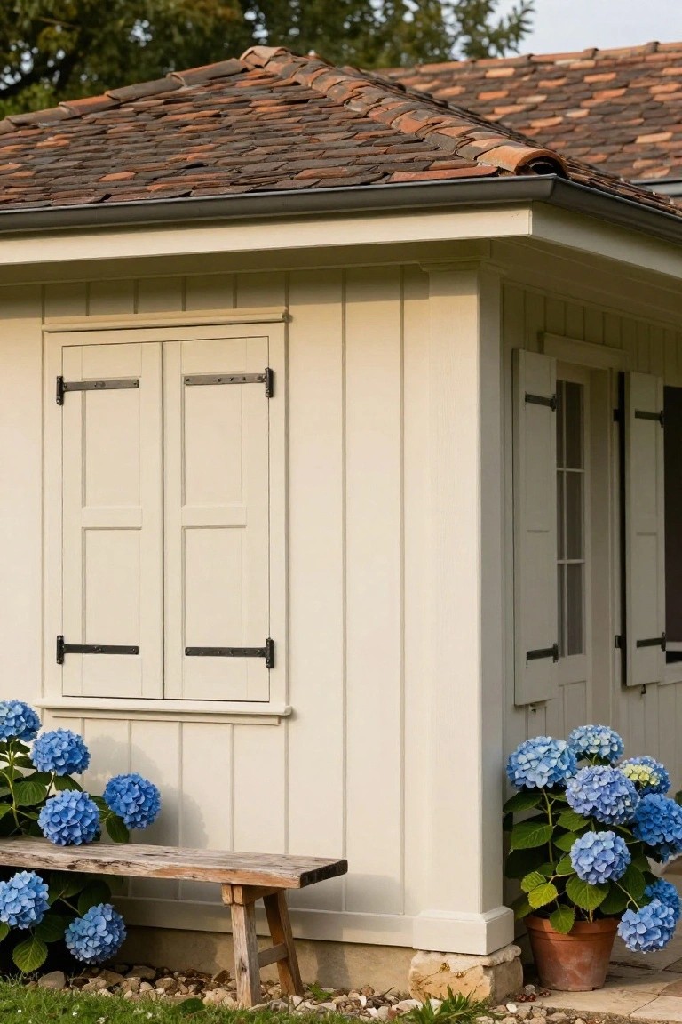 Corner view of a small cream-colored board-and-batten shed with red tile roof, closed white double shutters with black strap hinges, blue hydrangea plants on both sides, and a weathered wooden bench in front on gravel.