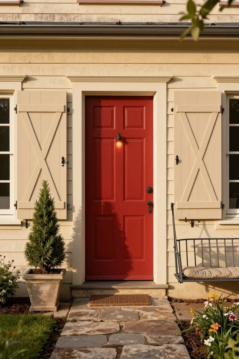 Beige house facade featuring cream X-braced shutters flanking a red six-panel front door with a porch light, potted conifer tree on the left, stone walkway, and metal swing bench on the right.