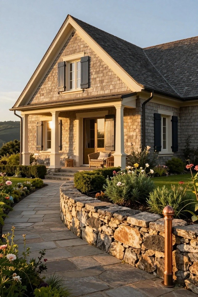 Shingle-style house exterior with dark shutters on cream-trimmed windows, a covered front porch with columns, stone pathway walled with rocks, and flower gardens in the yard at sunset.