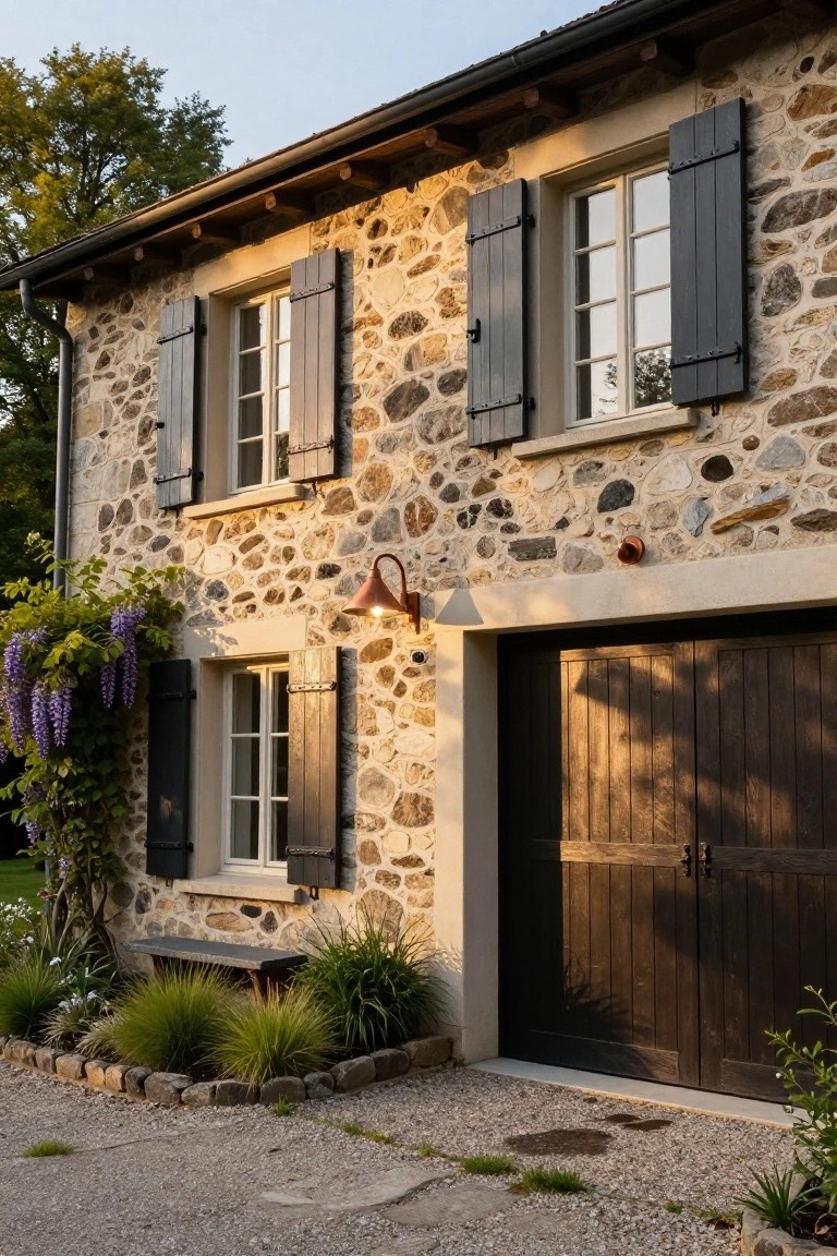 Light pebbled stone house exterior with dark wooden shutters on windows, wooden garage door, copper lantern light above the entry, climbing purple wisteria vine, low plantings, bench, and gravel driveway.
