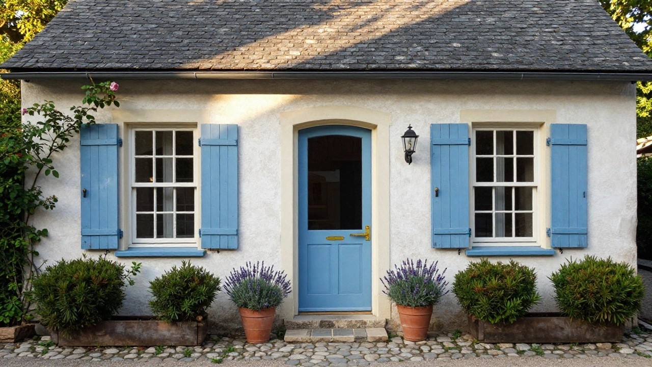 Small stucco cottage exterior with slate tile roof, arched blue front door with gold handle, blue shutters on adjacent window, cream arched trim, wall-mounted lantern, terracotta pots of lavender flanking the door, and pebble stone path.