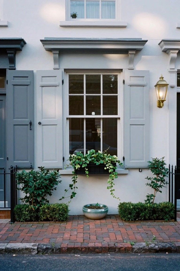 White stucco townhouse facade with gray louvered shutters flanking a six-pane window with ivy-filled window box, brass lantern light, potted plant, hedges, black iron fence, and red brick sidewalk.
