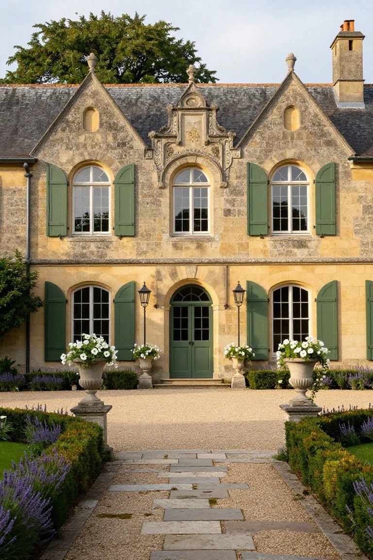Pale stone French country house facade with dark green shutters on multi-pane windows, matching green front door, urns of white flowers on either side, lavender hedges, gravel driveway, and stone path.