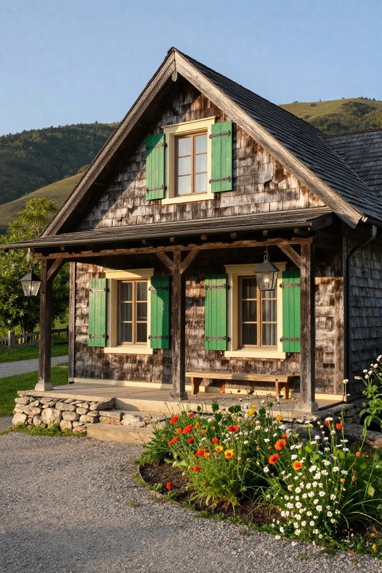 Wooden shingle house with dark green shutters on yellow-framed windows, covered front porch with lanterns and bench, stone foundation, gravel driveway, flower beds, and wooded hills in background.