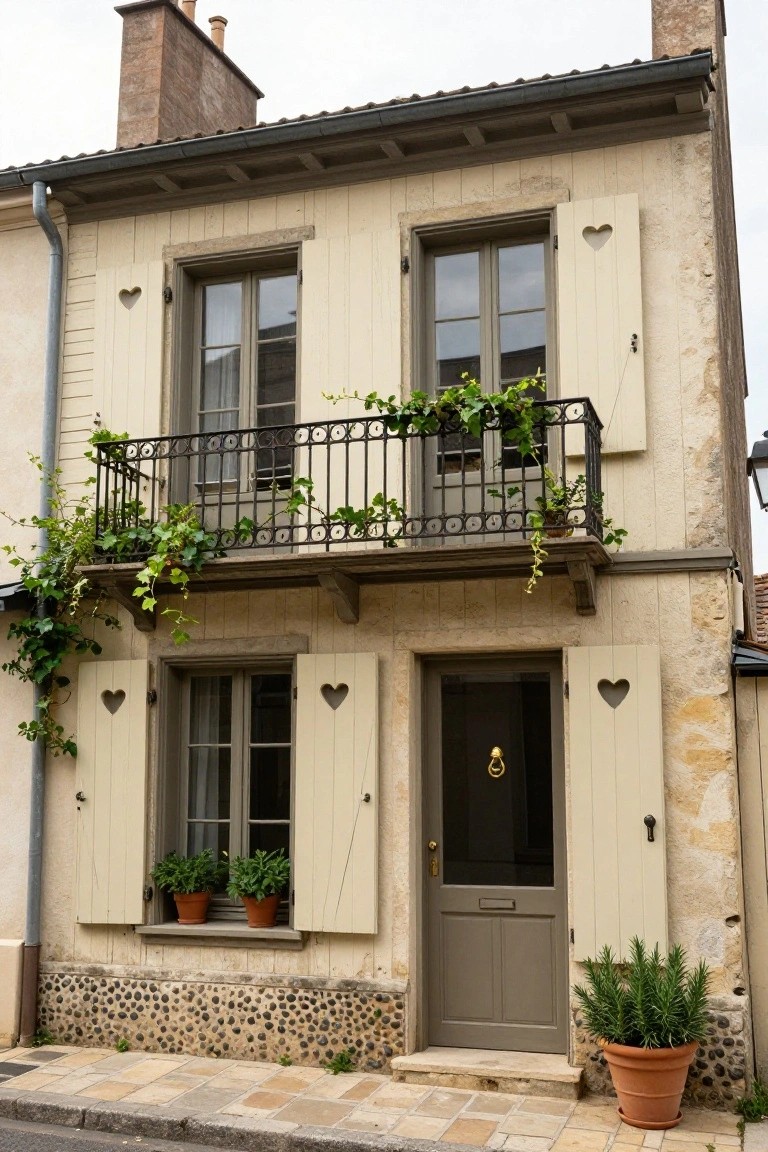 Two-story beige house exterior with cream shutters featuring heart-shaped cutouts, wrought-iron balcony covered in ivy, potted plants in windows, gray front door with brass knocker, and stone base on cobblestone street.