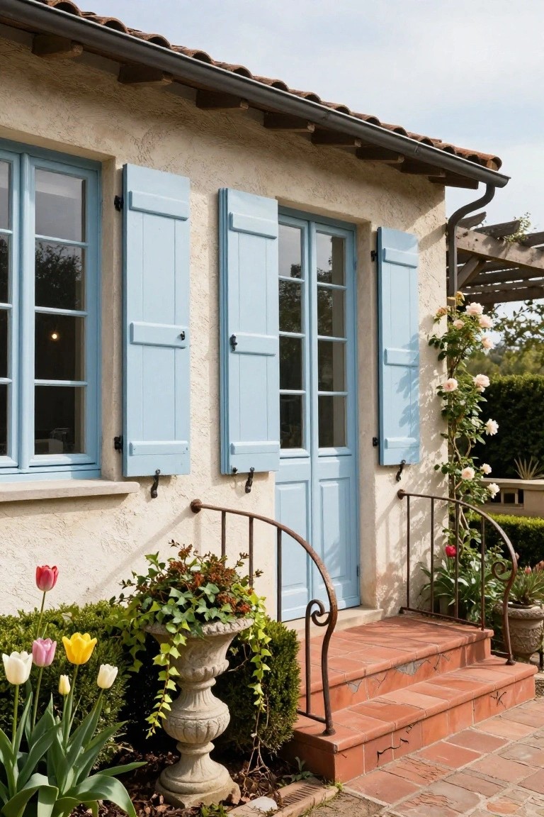Cream stucco house exterior with light blue shutters on windows and double doors, wrought iron handrail on terracotta steps leading to the entry, tulips and potted plants in front.