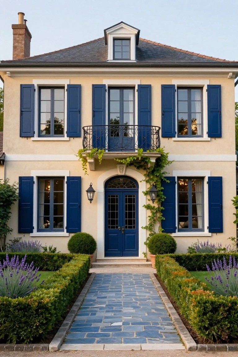 A two-story pale yellow house with navy blue shutters on multi-pane windows, a navy blue arched front door with lanterns, a second-floor balcony with iron railing and vines, flanked by boxwood hedges, lavender plants, and a blue stone pathway.