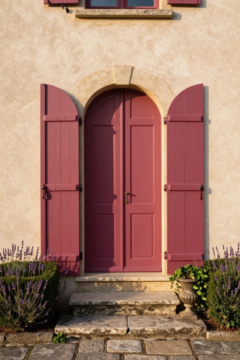 Beige stucco house facade featuring arched red double doors flanked by open red shutters, with stone steps leading up and lavender plants on both sides.