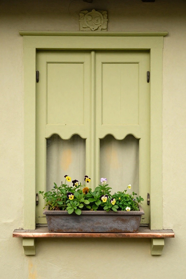 Pale green wooden shutters with scalloped upper edges frame a curtained window on a beige stucco wall, with a rusted metal window box of colorful pansies below on a copper bracket, topped by carved stone detailing.