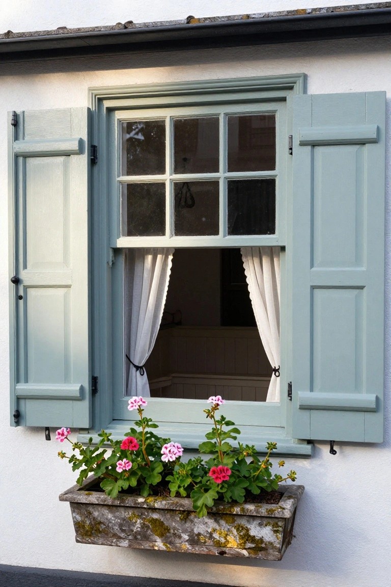 Close-up of an open six-pane window with pale green wooden shutters, white curtains tied back, and a weathered stone window box filled with pink and white geraniums on a white stucco exterior wall.