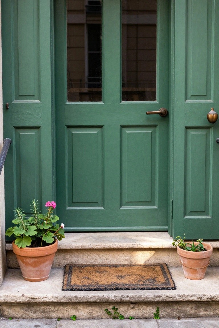 Green double front door with glass upper panels and brass hardware, flanked by two terracotta pots with geranium plants on stone entry steps, a brown doormat in between.
