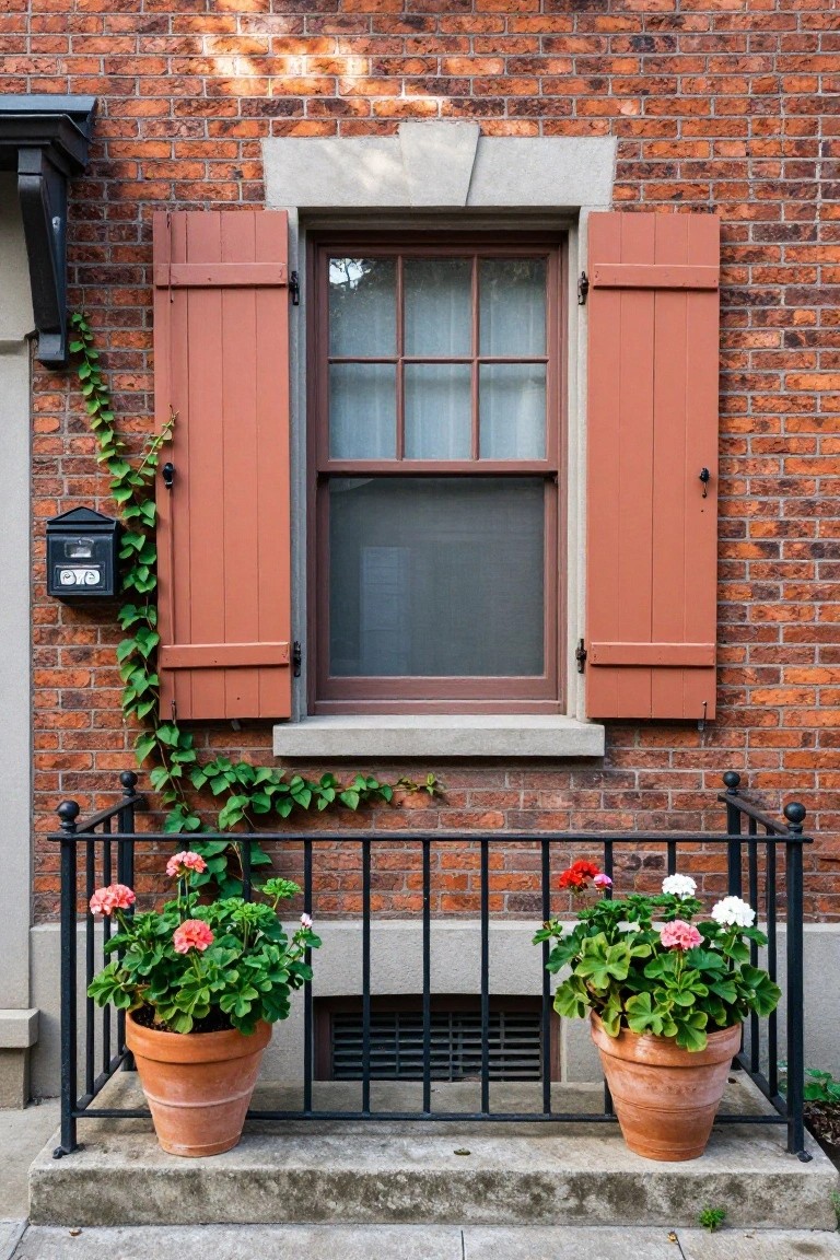 Red brick house wall with a double-hung window framed by open terracotta shutters, stone lintel, climbing ivy, black mailbox, and small black iron balcony holding two terracotta pots of pink and white geraniums.