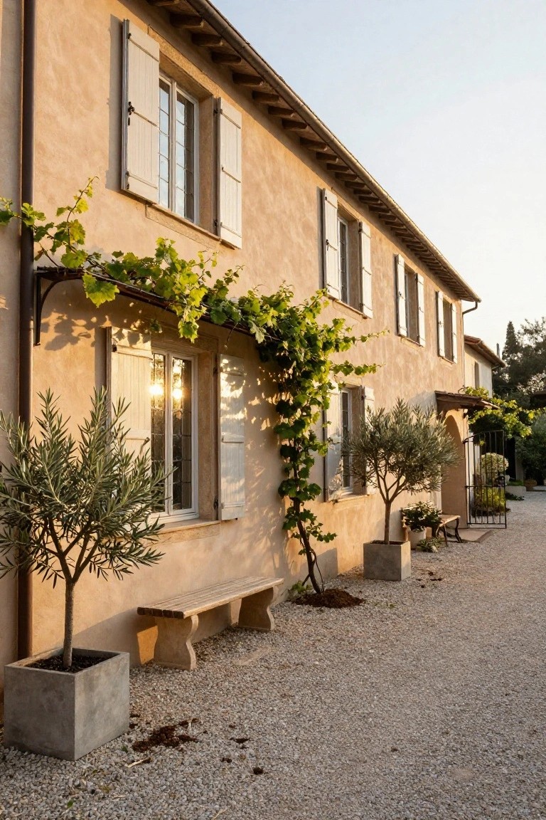 Beige stucco house exterior with white wooden shutters on windows, green grapevines climbing along the roofline and over windows, potted olive trees, a wooden bench, and gravel path in front.