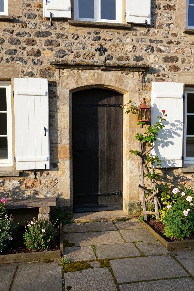 Stone house facade with arched dark wooden entry door, white louvered shutters on flanking windows, copper lantern light, climbing roses on trellis, flower beds, and stone bench on paved entry path.