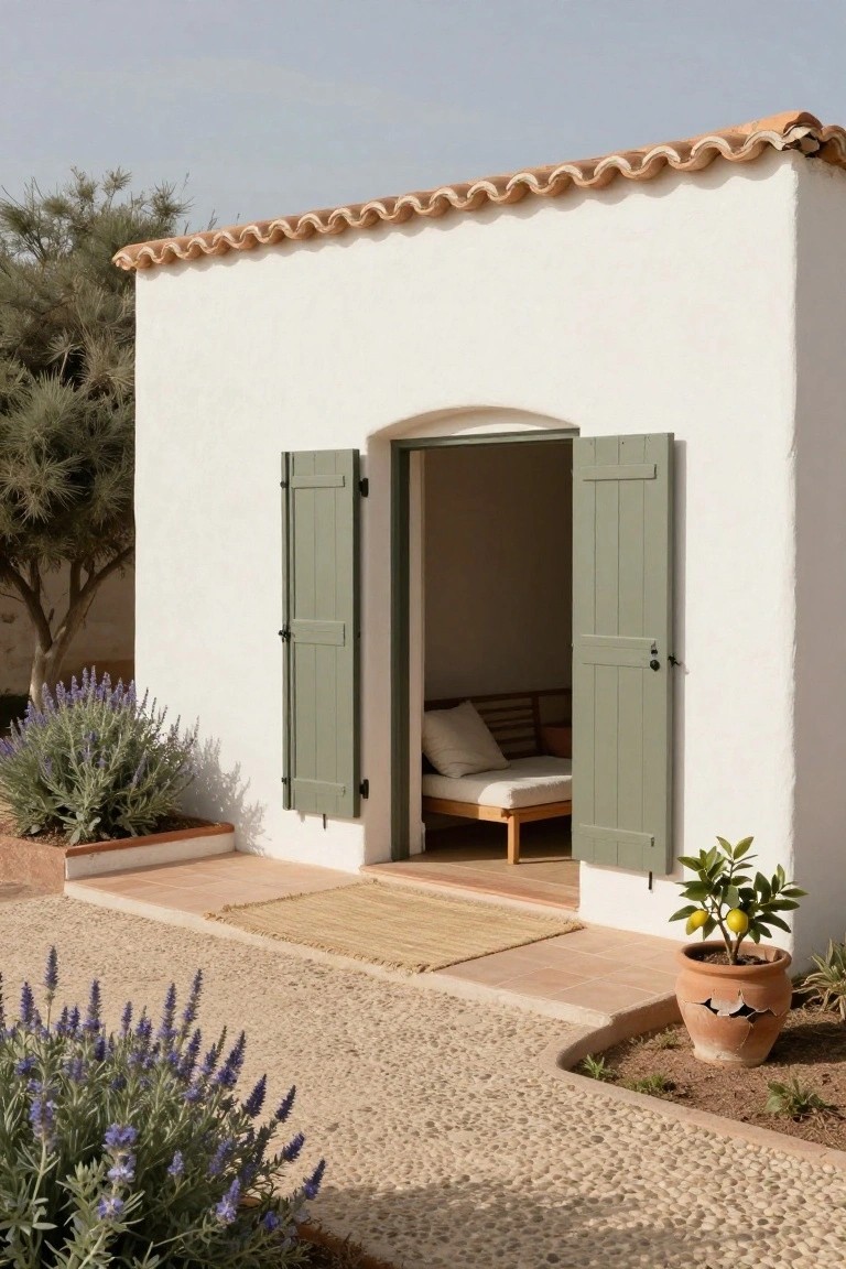 Small white stucco building with terracotta tile roof and arched green shuttered doorway open to a cushioned bench on wooden frame inside, surrounded by lavender plants in raised beds, potted citrus tree, and gravel path.