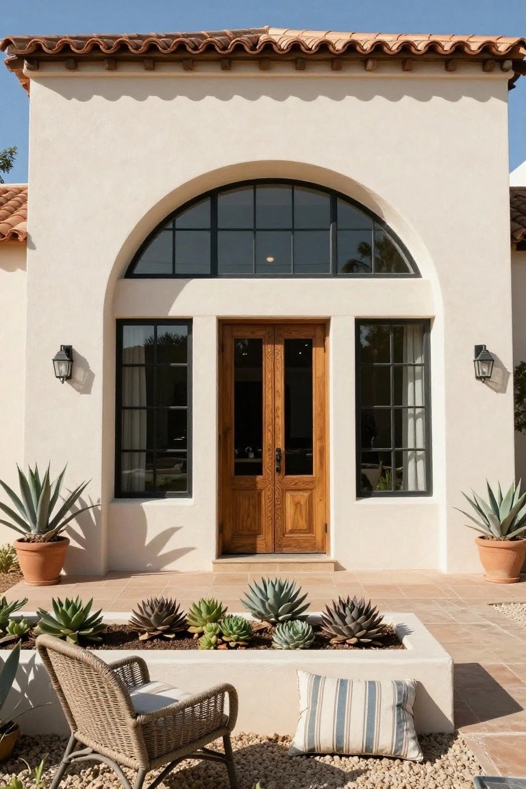 Beige stucco house facade with a large arched black-framed window above wooden double doors, flanked by matching windows and wall lanterns, agave plants in terracotta pots, and a foreground succulent bed with a wicker chair.