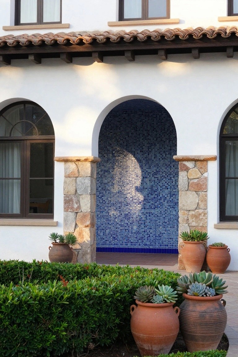 White stucco house exterior featuring a central arched entry with blue mosaic tile wall flanked by stone pillars, arched windows on sides, terracotta roof tiles, potted succulents and agaves, and boxwood hedges.