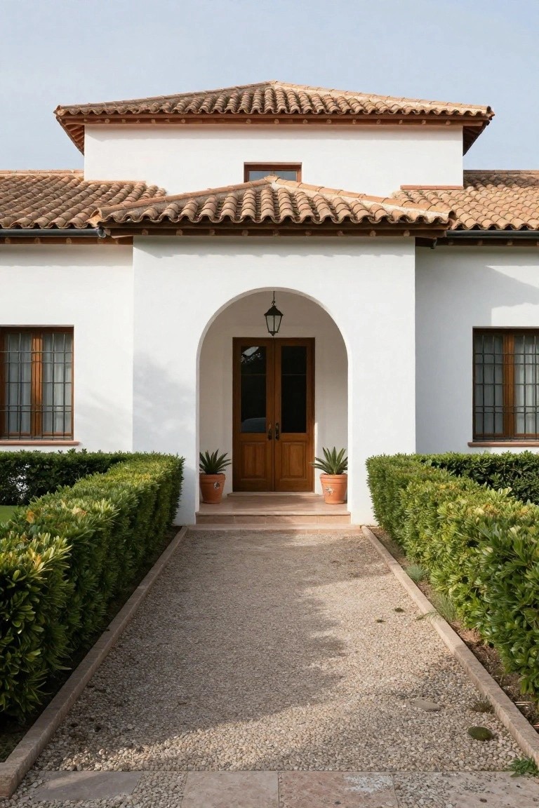 White stucco house exterior with terracotta tile roof, central arched entryway featuring wooden double doors and a hanging lantern, flanked by windows with grilles, boxwood hedges, and a central gravel pathway.