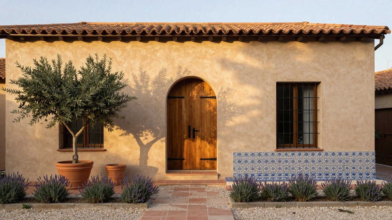 Beige stucco wall of a house with terracotta tile roof, arched wooden door flanked by potted olive tree, small potted plants, iron-grilled window, and low raised planter bed edged in blue tiles containing agave and lavender plants.