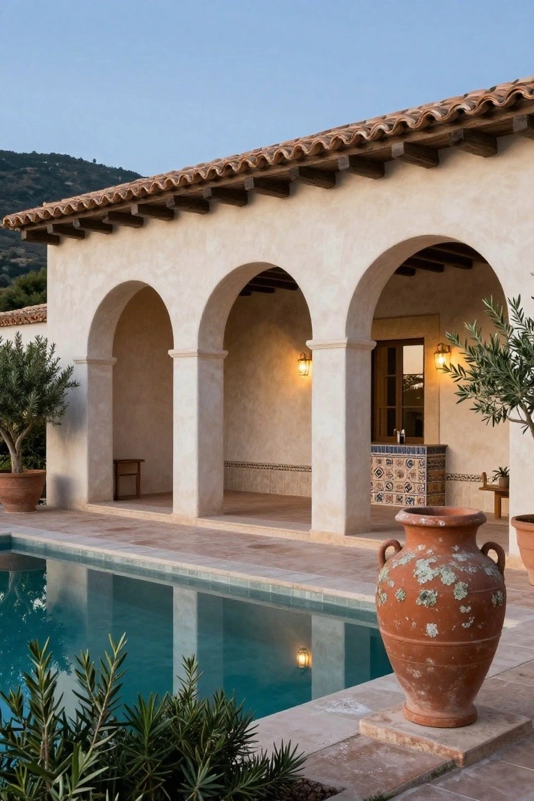 White stucco house exterior with three wide arched openings forming a loggia beside a turquoise rectangular pool, olive trees and large terracotta pots nearby, terracotta tile roof, and hillside in background.