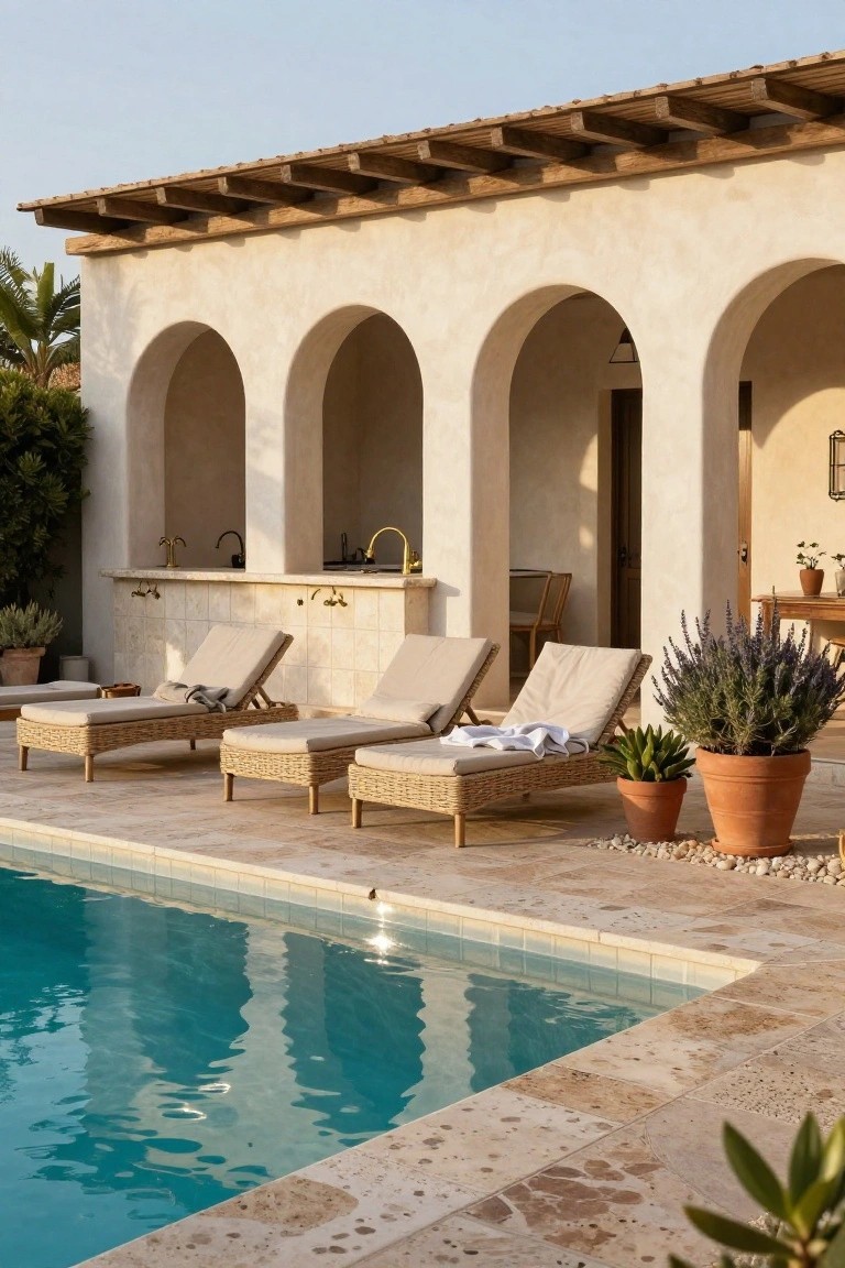 Beige stucco loggia with arches overlooking a turquoise pool, three woven loungers with beige cushions lined up along the pool edge, potted lavender and succulents nearby, outdoor bar with gold faucets in the background.