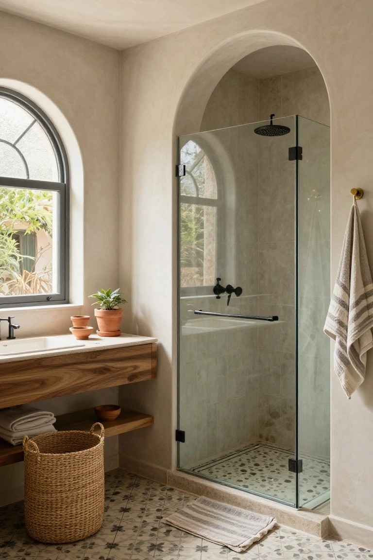 A bathroom with beige plaster walls and an arched niche enclosing a glass shower enclosure with black rain showerhead, next to a wood vanity holding potted plants, arched window, and patterned tile floor.
