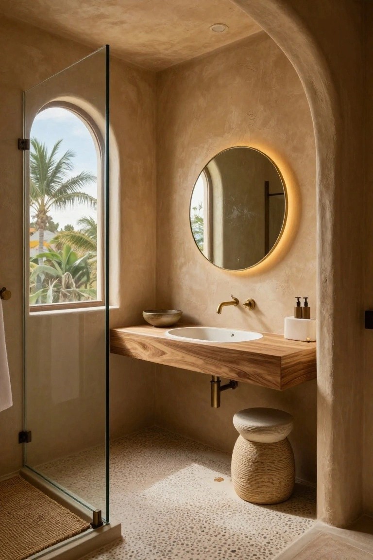 Beige textured arched bathroom interior with glass shower enclosure, floating wooden vanity and sink, round backlit mirror, rattan stool, pebble shower floor, and adjacent arched window overlooking palm trees.