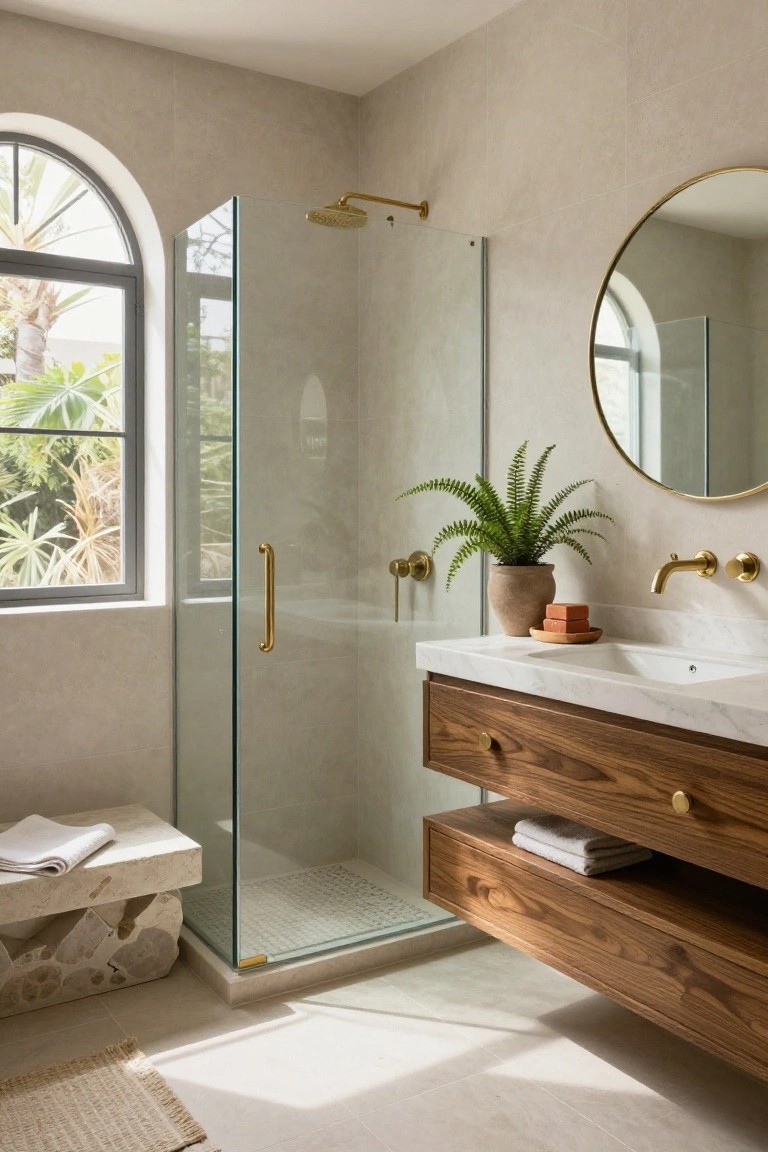 Modern bathroom interior with glass shower enclosure, floating wood vanity and white sink, gold faucets and showerhead, round gold mirror with potted fern plant, stone bench with towel, arched window overlooking palm trees, beige tiled walls and floor.