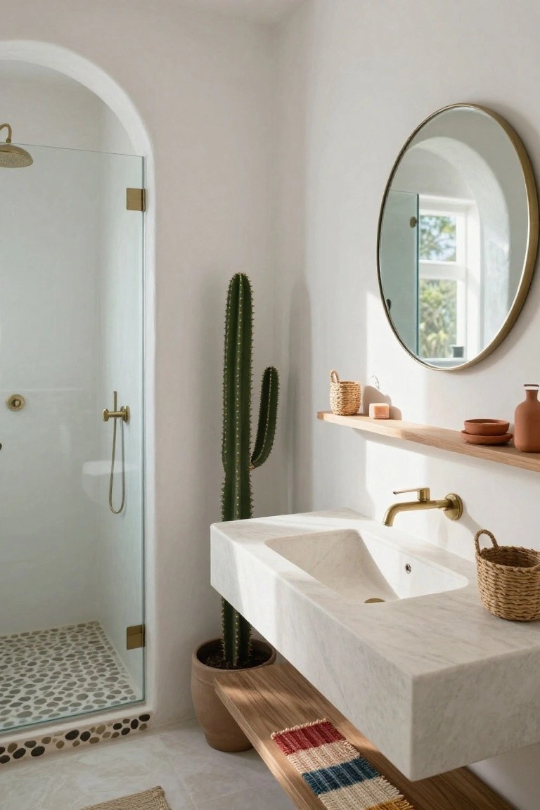 Modern white bathroom with arched glass shower enclosure, floating white marble vanity on wooden shelf, brass fixtures, round brass mirror, wooden shelf with terracotta items, and tall potted cactus plant beside the shower.