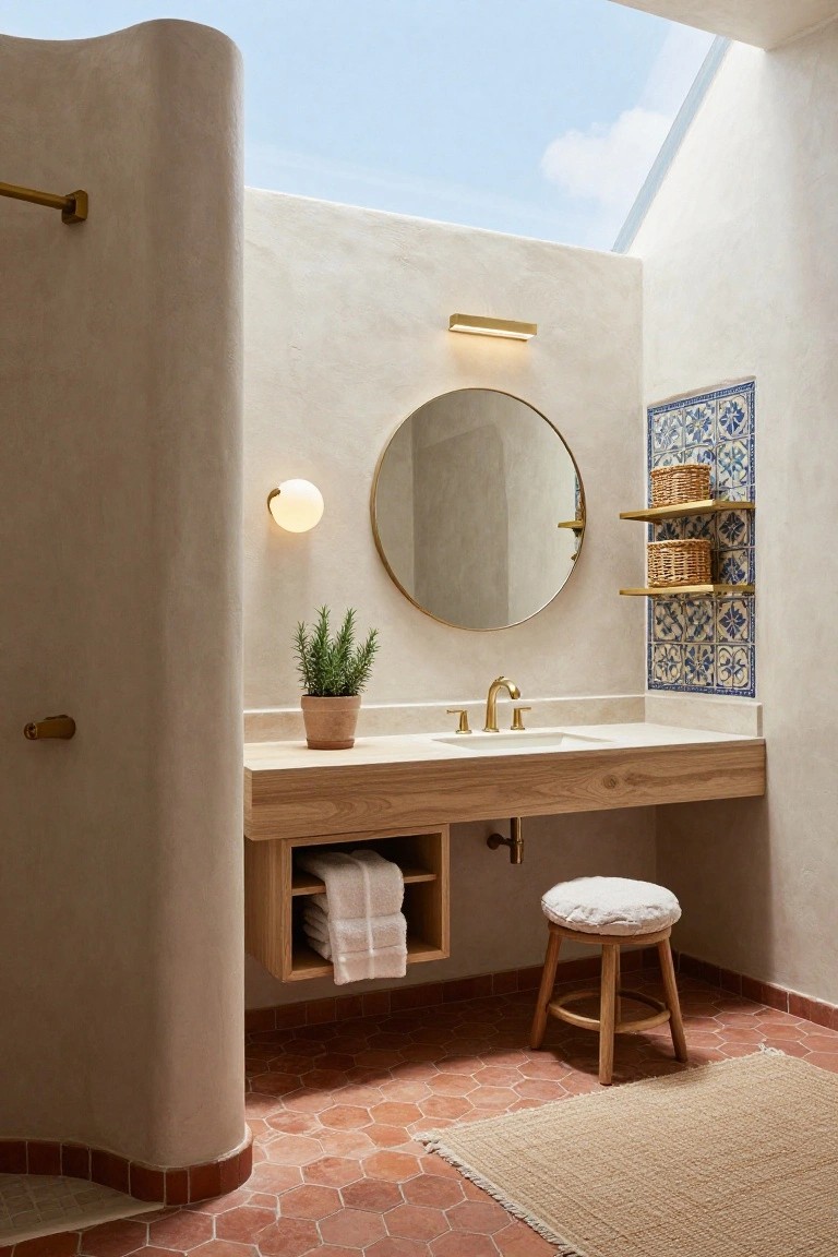 Modern hacienda-style bathroom interior with curved beige plaster shower partition, floating wooden vanity with gold faucet and sink, round gold mirror, blue tile accent wall with woven baskets, potted rosemary plant, two stools, terracotta hexagonal floor tiles, and skylight.