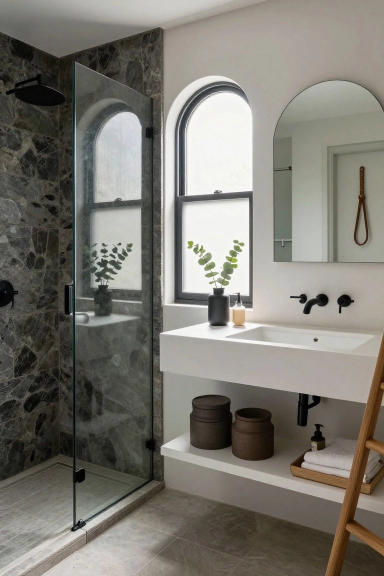 Modern bathroom with glass shower enclosure featuring dark veined stone walls, floating white vanity with black faucet, arched black-framed window, round mirror, and wooden ladder shelf beside towels.